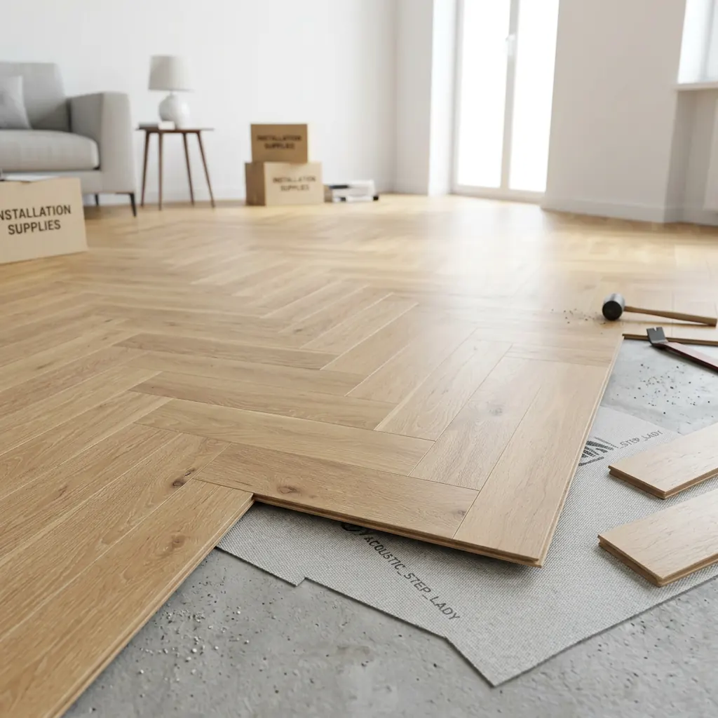 Light oak herringbone flooring being installed